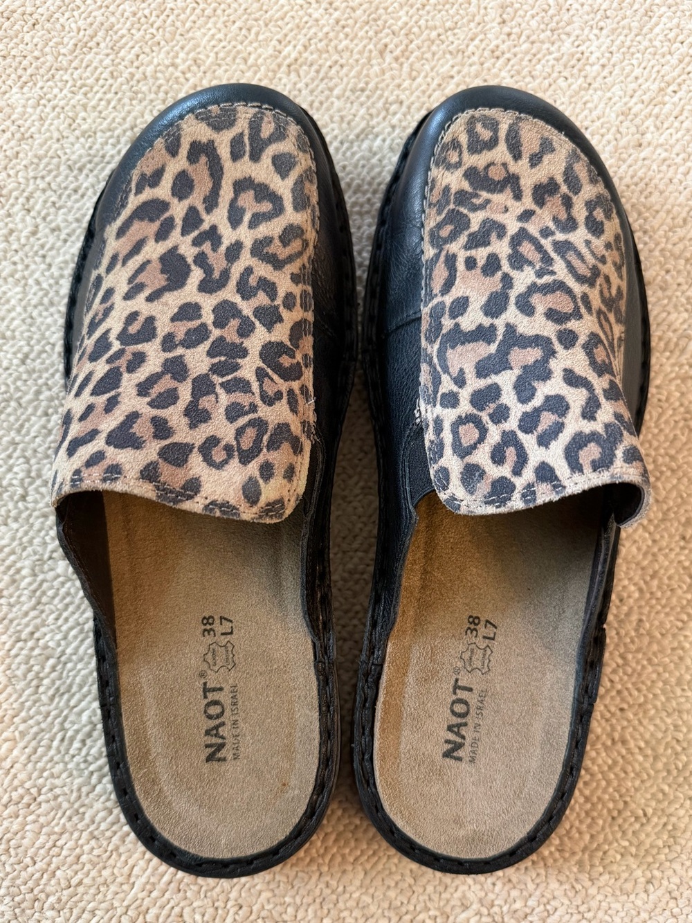 Naot Leopard-Print Slip-On Clogs in Black and Brown